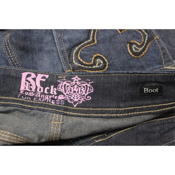 Express Be Rock women's embroidered vintage wash boot cut low-rise jeans 4 - Picture 7 of 13